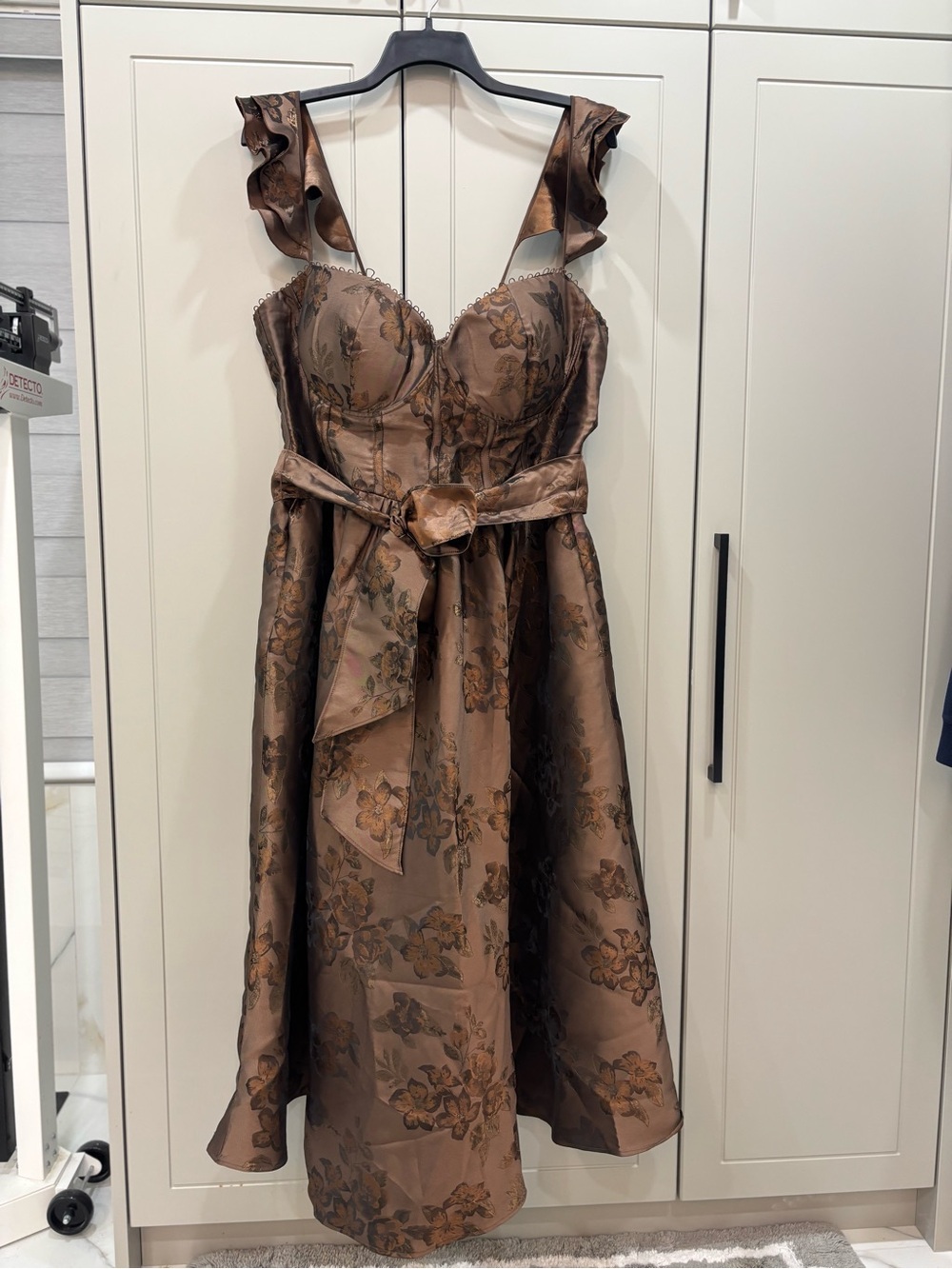 Elegant Brown Floral Midi Dress with Ruffled Straps